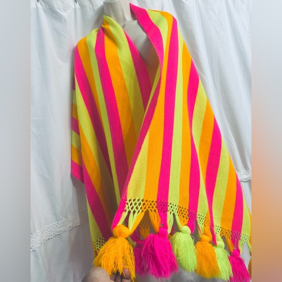Fluorescent Rare Y2K Cotton Blend Long Scarf Shawl Wrap Knitted w/Fringe, Balls - Picture 7 of 7